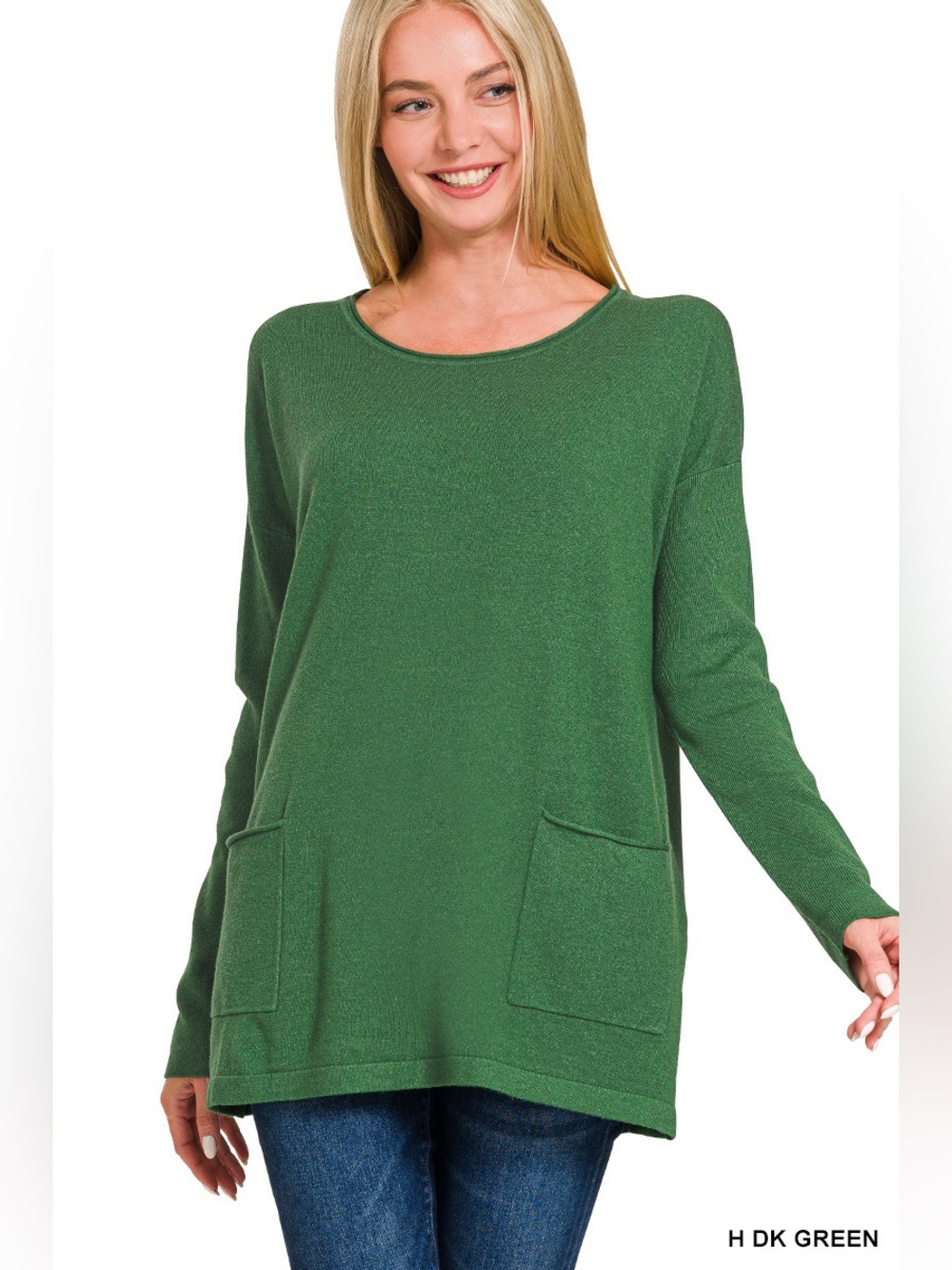 Zenana H Dk Green Front Pockets Sweater